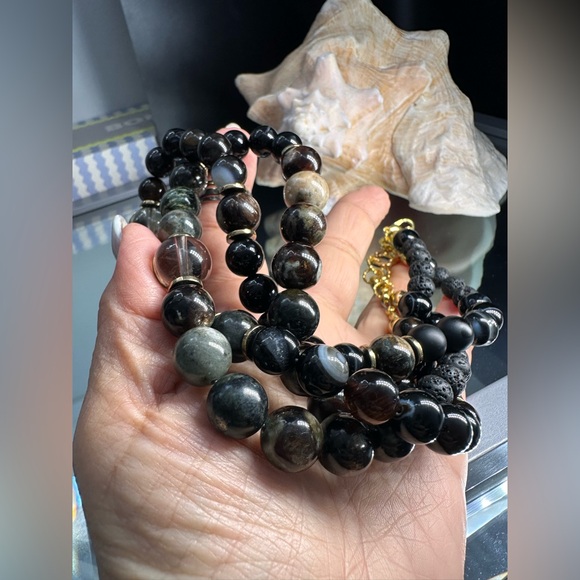 Natural 3 Multi Gemstone Black Agate, Lava Rock 8MM Beads  BLACK TOURMALINE + AGATE + LAVA NATURAL STONES NECKLACE main image 1